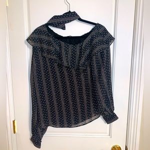 Paige 100% Silk Fully Lined Navy with Pink Flowers Blouse with a Neck Choker